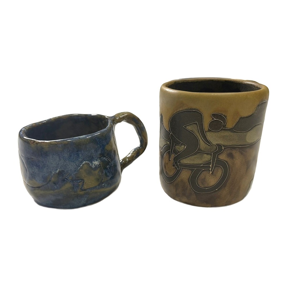 Mara Mexico Studio Pottery Cyclist Mug Hand Built Blue Glazed Organic Cup Set